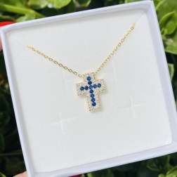 Bomboniera compleanno collana croce argento zirconi bianchi blu